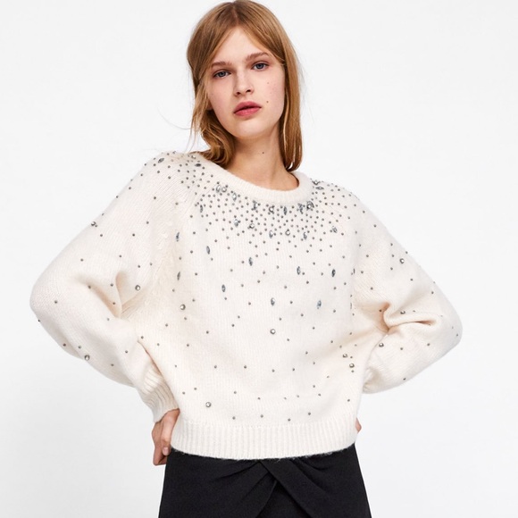 Zara Sweaters - Zara Jewel Stud Crew Neck Sweater Cream L